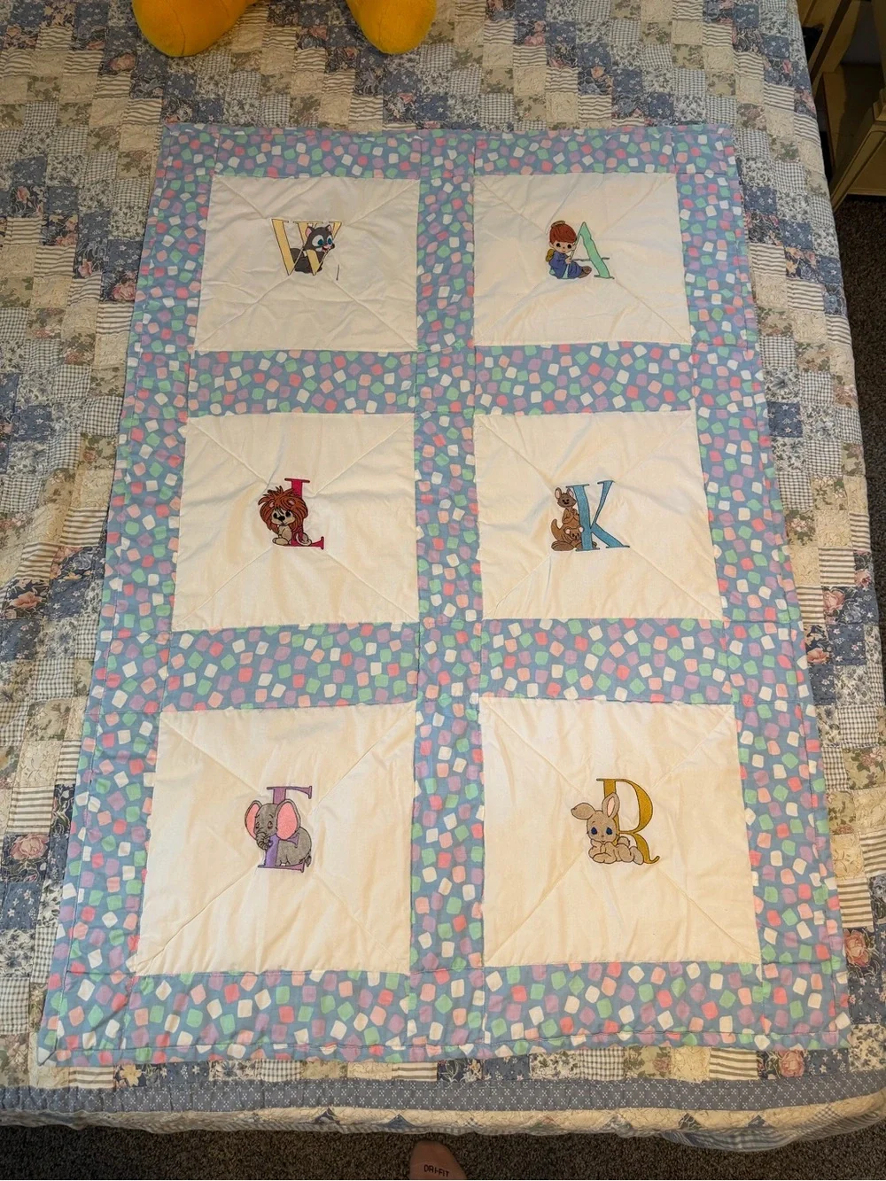 Vintage Crib Quilt Coverlet Animal Alphabet Patchwork, Multicolor Blue White